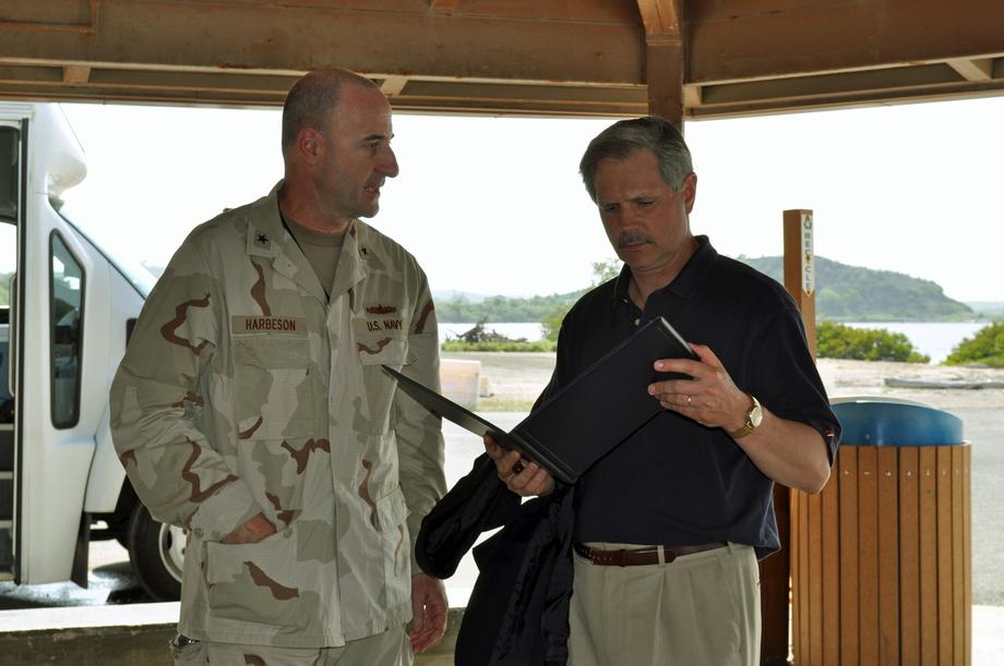Guantanamo Bay -June 2011- Senator Hoeven speaks with Rear Admiral Jeffrey Harbeson, the commander of the U.S. Navy base at Guantanamo Bay, Cuba. 